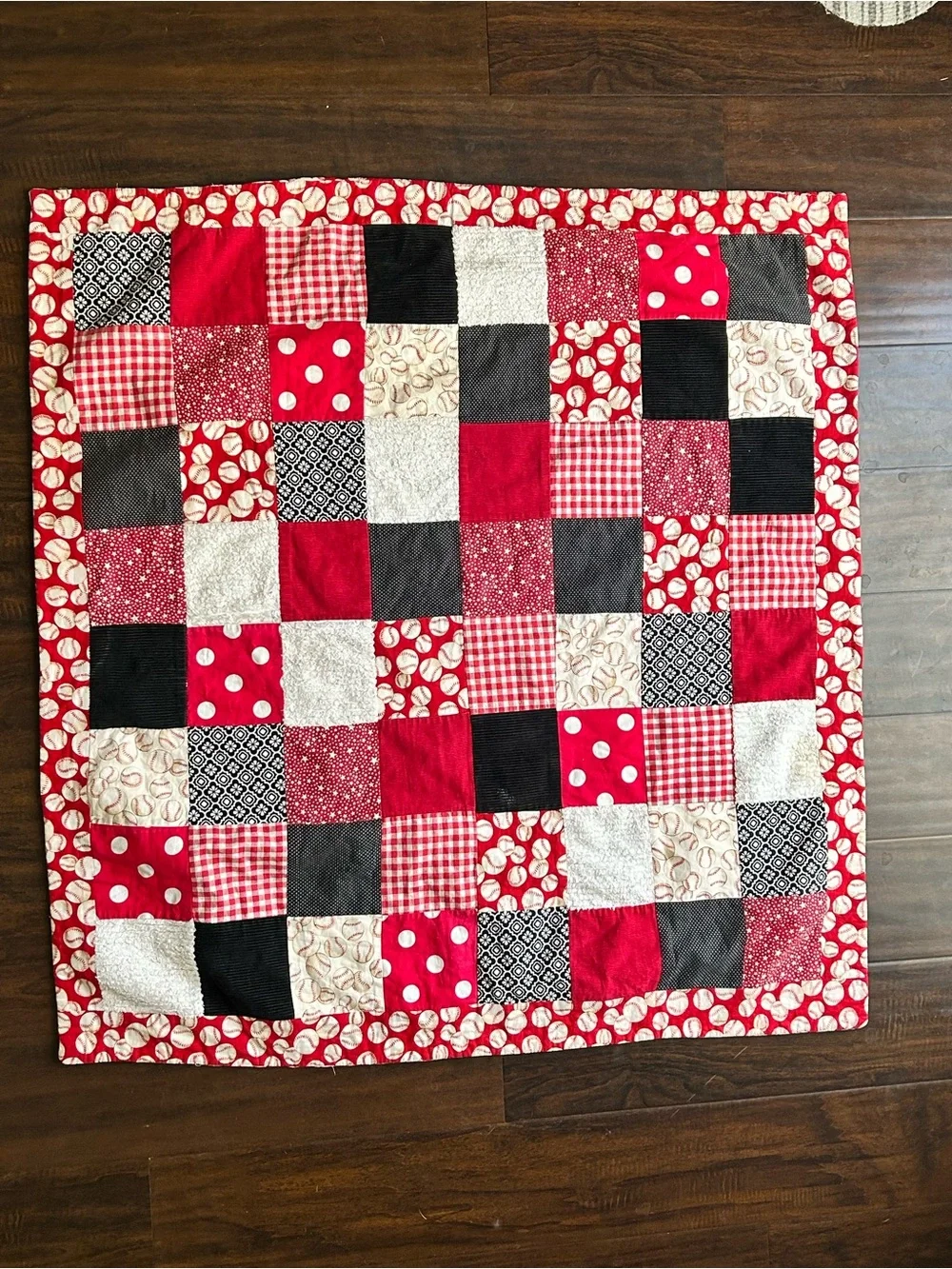 Handmade Patchwork Quilt - Red, Black, Cream
